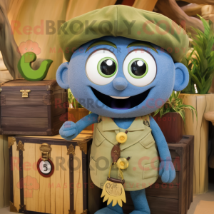 Olive Treasure Chest mascot costume character dressed with a Denim Shorts and Rings