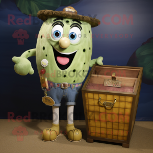 Olive Treasure Chest mascot costume character dressed with a Denim Shorts and Rings