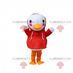 Mascotte d'oiseau blanc avec un sweat rouge, costume de canard