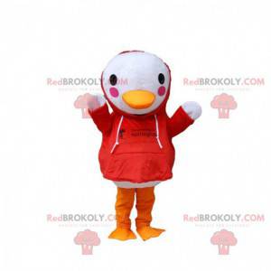 White bird mascot with a red sweatshirt, duck costume -