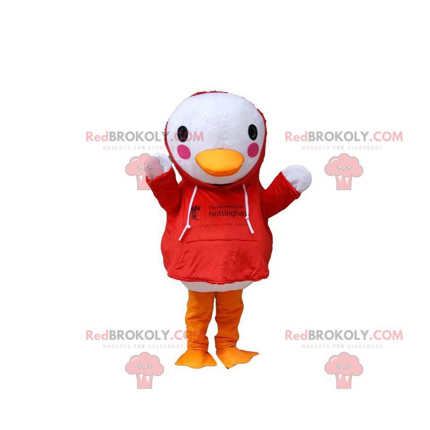 Witte vogel mascotte met een rood sweatshirt, eend kostuum -