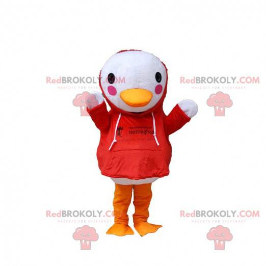 Biały ptak maskotka z czerwoną bluzą, kostium kaczki -