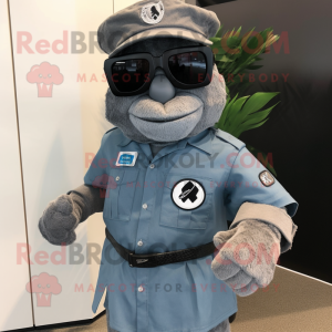 Gray Commando mascot costume character dressed with a Denim Shorts and Sunglasses