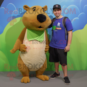 Olive Capybara mascot costume character dressed with a Henley Tee and Keychains