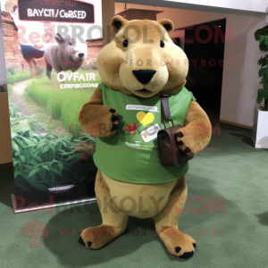 Olive Capybara mascot costume character dressed with a Henley Tee and Keychains