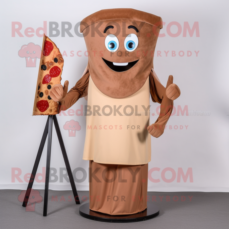 Brown Pizza Slice mascot costume character dressed with a Sheath Dress and Belts Brown Pizza Slice mascot costume character dressed with a Sheath Dress and Belts