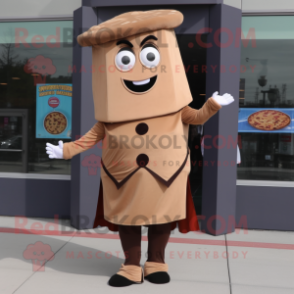 Brown Pizza Slice mascot costume character dressed with a Sheath Dress and Belts