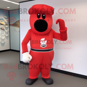 Red Boxing Glove mascot costume character dressed with a Empire Waist Dress and Caps