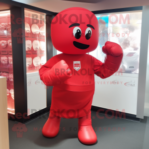 Red Boxing Glove mascot costume character dressed with a Empire Waist Dress and Caps