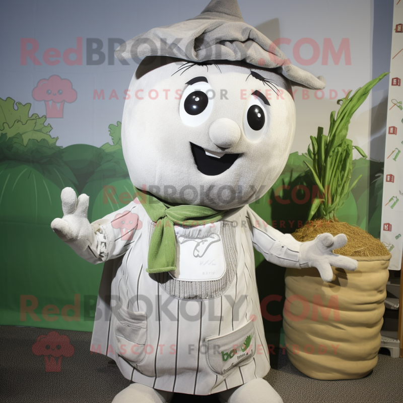 Silver Turnip mascot costume character dressed with a Dungarees and Scarf clips