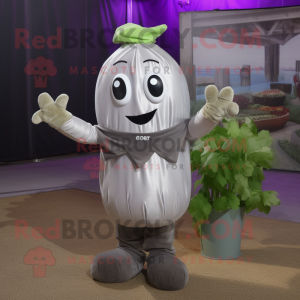 Silver Turnip mascot costume character dressed with a Dungarees and Scarf clips