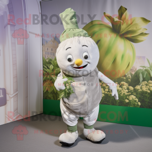 Silver Turnip mascot costume character dressed with a Dungarees and Scarf clips