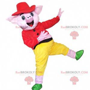 Mascotte maiale rosa vestita con un abito colorato -