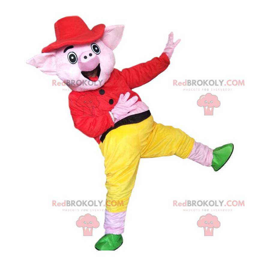 Mascote porco rosa vestido com uma roupa colorida -