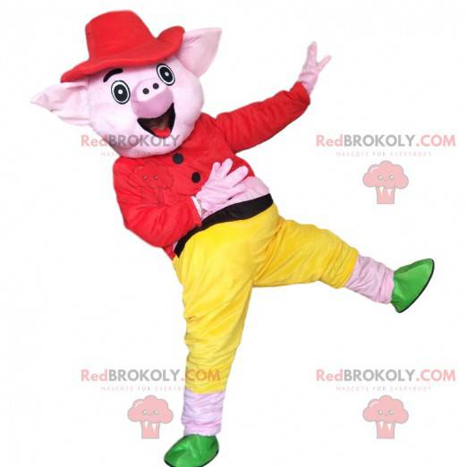 Mascote porco rosa vestido com uma roupa colorida -