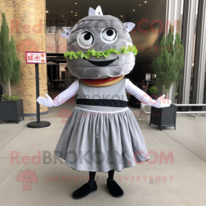 Gray Hamburger mascot costume character dressed with a Skirt and Bracelets