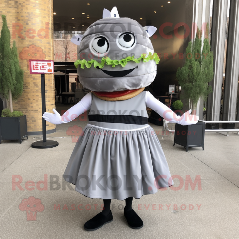 Gray Hamburger mascot costume character dressed with a Skirt and Bracelets Gray Hamburger mascot costume character dressed with a Skirt and Bracelets