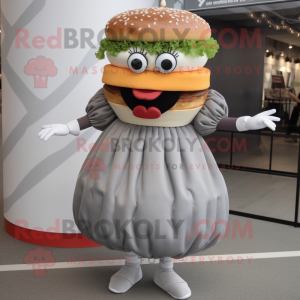 Gray Hamburger mascot costume character dressed with a Skirt and Bracelets