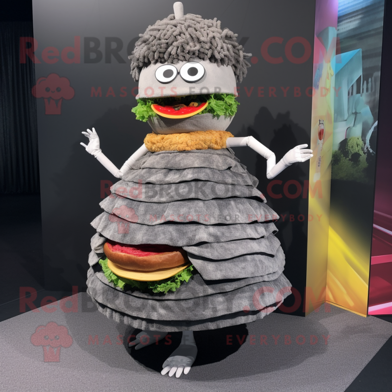 Gray Hamburger mascot costume character dressed with a Skirt and Bracelets