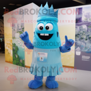 Cyan King mascot costume character dressed with a Overalls and Scarf clips