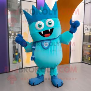 Cyan King mascot costume character dressed with a Overalls and Scarf clips