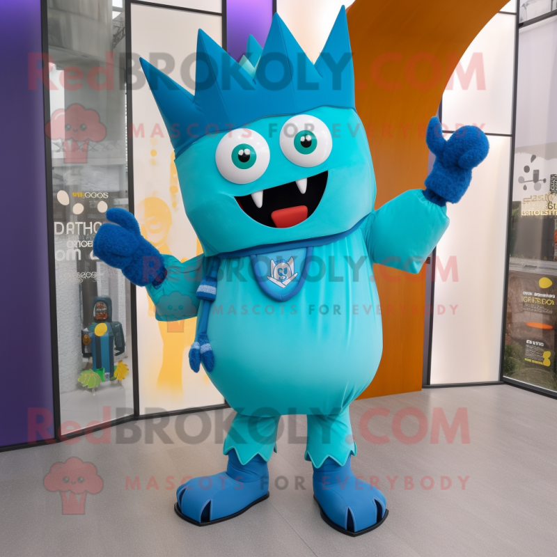 Cyan King mascot costume character dressed with a Overalls and Scarf clips