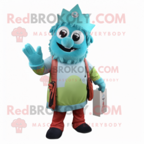 Cyan King mascot costume character dressed with a Overalls and Scarf clips