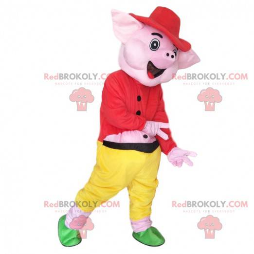 Mascote porco rosa vestido com uma roupa colorida -