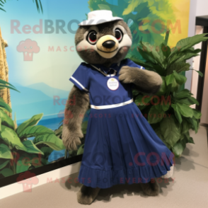 Navy Sloth mascot costume character dressed with a Pleated Skirt and Shoe clips