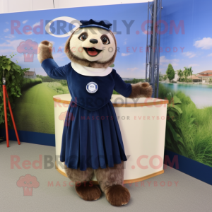 Navy Sloth mascot costume character dressed with a Pleated Skirt and Shoe clips