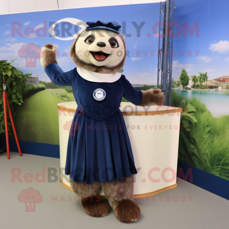 Navy Sloth mascot costume character dressed with a Pleated Skirt and Shoe clips Navy Sloth mascot costume character dressed with a Pleated Skirt and Shoe clips