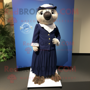 Navy Sloth mascot costume character dressed with a Pleated Skirt and Shoe clips
