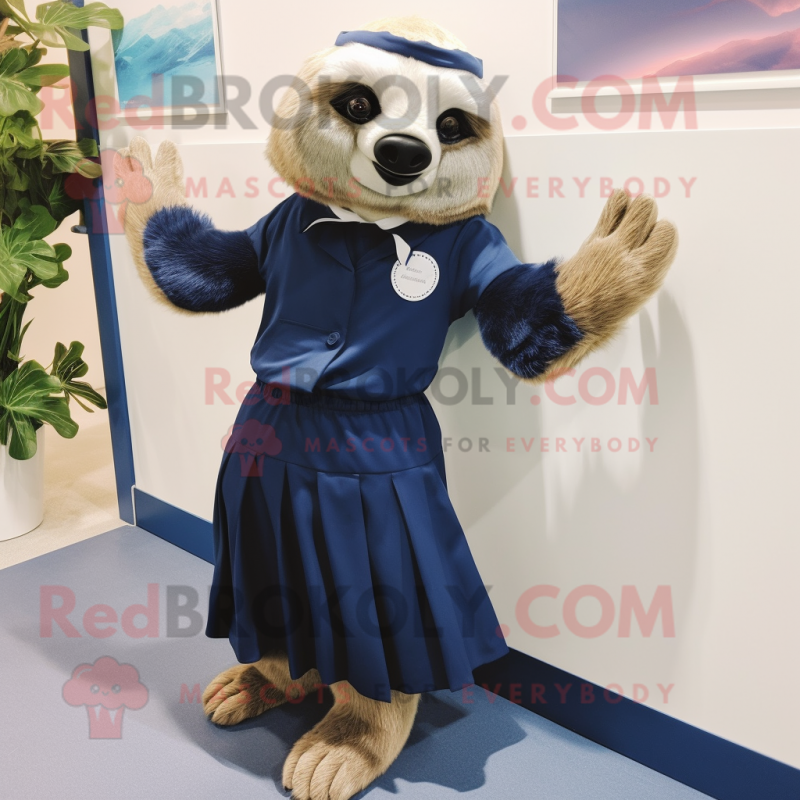 Navy Sloth mascot costume character dressed with a Pleated Skirt and Shoe clips