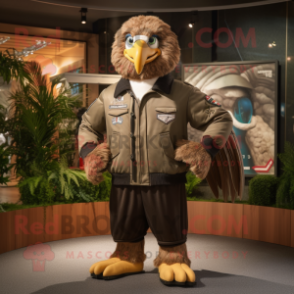 Brown Haast'S Eagle mascot costume character dressed with a Bomber Jacket and Bracelets