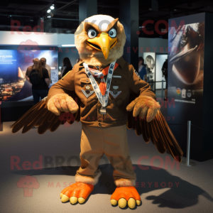 Brown Haast'S Eagle mascot costume character dressed with a Bomber Jacket and Bracelets