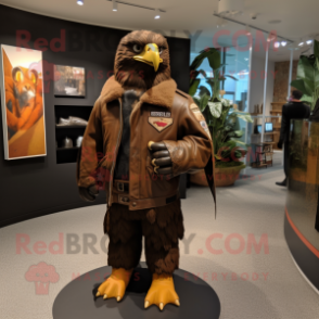 Brown Haast'S Eagle mascot costume character dressed with a Bomber Jacket and Bracelets