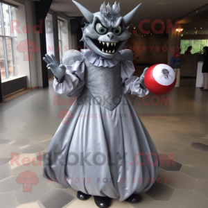 Silver Devil mascot costume character dressed with a Ball Gown and Tie pins