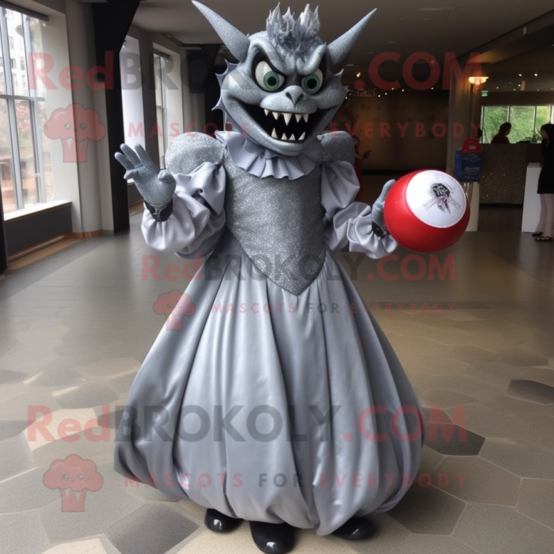 Silver Devil mascot costume character dressed with a Ball Gown and Tie pins