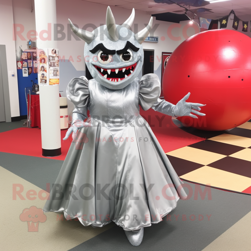 Silver Devil mascot costume character dressed with a Ball Gown and Tie pins