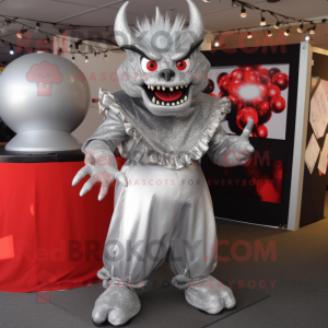 Silver Devil mascot costume character dressed with a Ball Gown and Tie pins