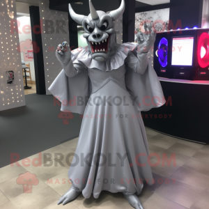 Silver Devil mascot costume character dressed with a Ball Gown and Tie pins