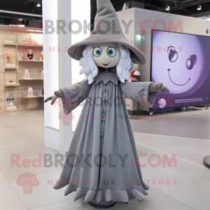 Gray Witch mascot costume character dressed with a Midi Dress and Caps