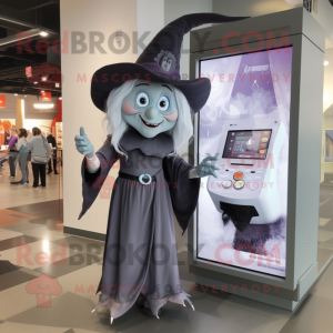 Gray Witch mascot costume character dressed with a Midi Dress and Caps