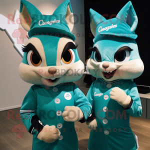 Teal Chipmunk mascot costume character dressed with a Mini Skirt and Smartwatches