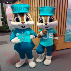 Teal Chipmunk mascot costume character dressed with a Mini Skirt and Smartwatches