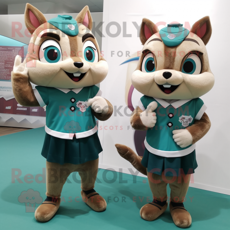 Teal Chipmunk mascot costume character dressed with a Mini Skirt and Smartwatches