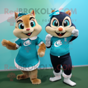 Teal Chipmunk mascot costume character dressed with a Mini Skirt and Smartwatches