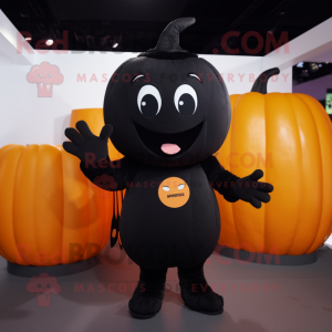 Black Pumpkin mascot costume character dressed with a Playsuit and Gloves