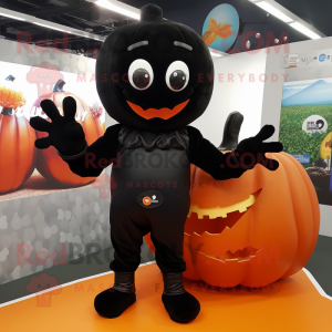 Black Pumpkin mascot costume character dressed with a Playsuit and Gloves