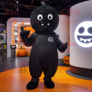 Black Pumpkin mascot costume character dressed with a Playsuit and Gloves